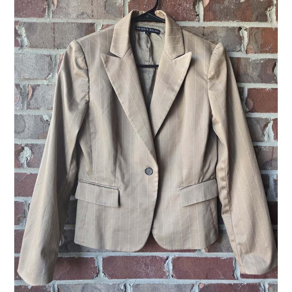 Antonio Melani Women's 6 Beige Pinstripe Blazer Single Button Lined Pockets
